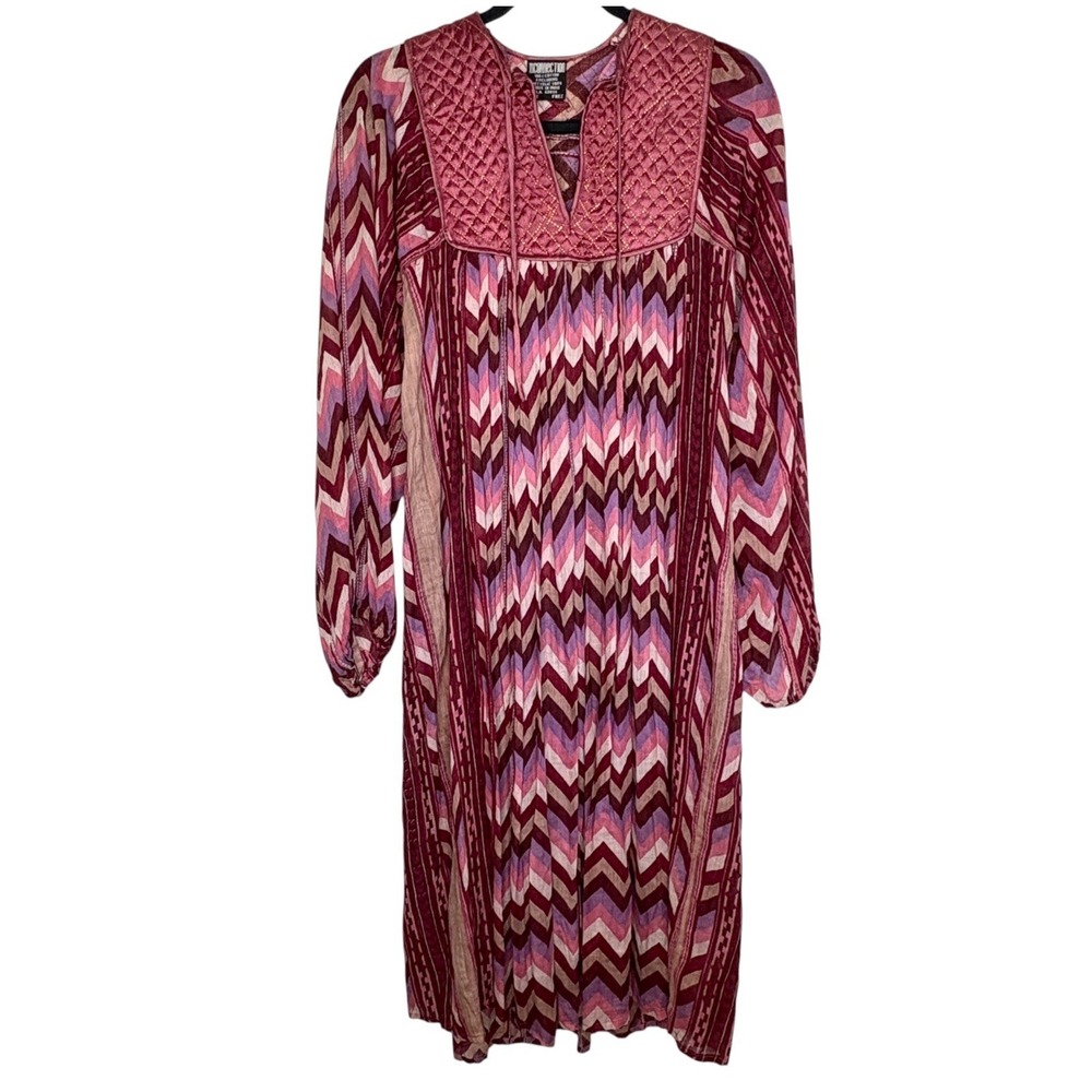 VTG 70s Inconnection Boho Dress Free Size XS Resort Sheer Gauze Metallic Chevron